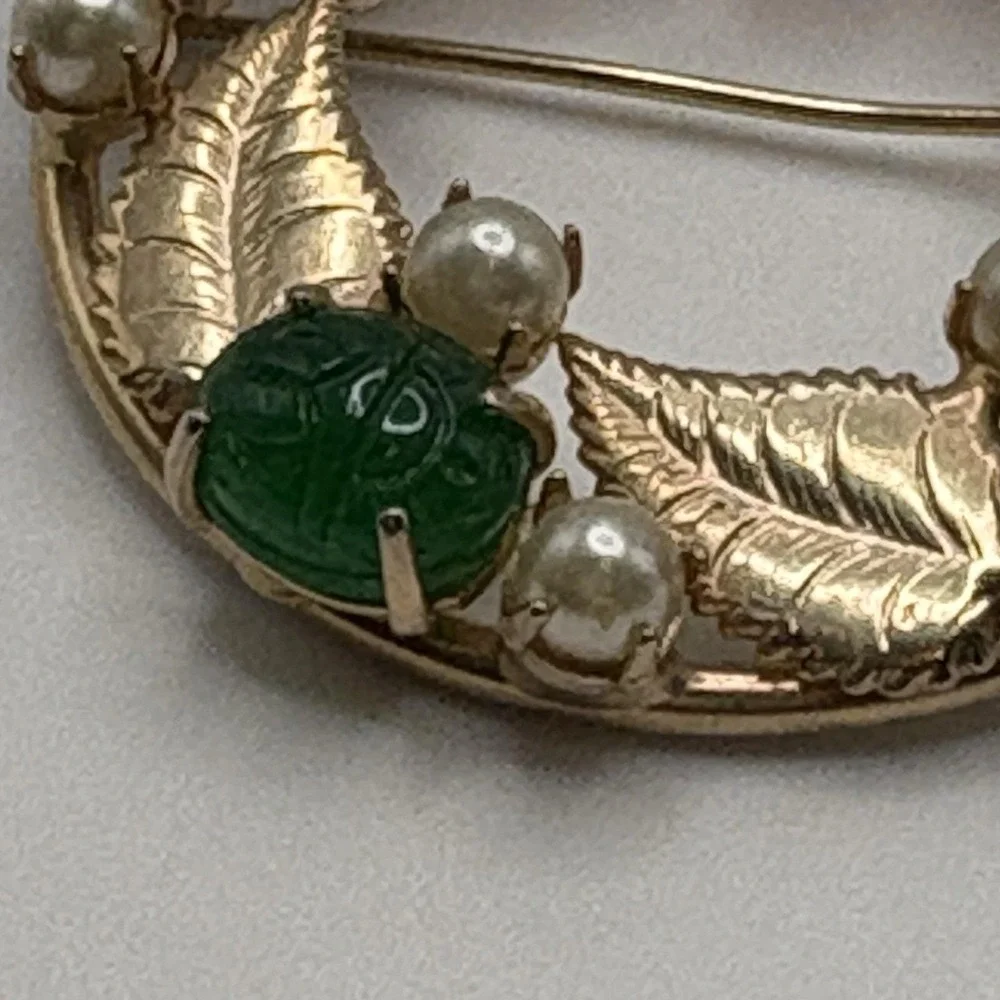 Vintage Scarab Brooch Gold Filled Carved Stone Faux Pearls Wreath